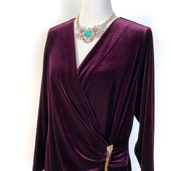 Calvin  Klein Velour Velvet Burgundy Wrap Long Sleeve Dress Sz 14W - Picture 4 of 16